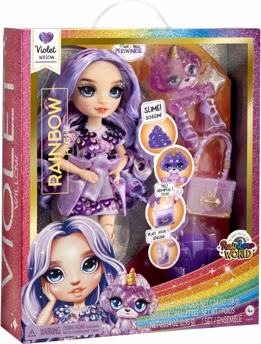 Kukull Rainbow High MGA Violet Willow, set me slime dhe kafshë magjike, vjollcë