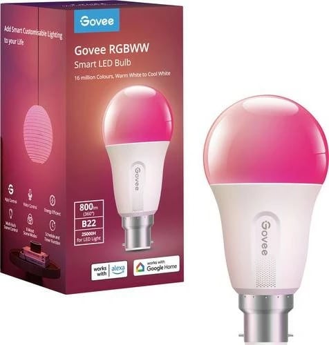 Llambë smart Govee RGBWW, 800lm, B22, e bardhë e ngrohtë në e bardhë e ftohtë
