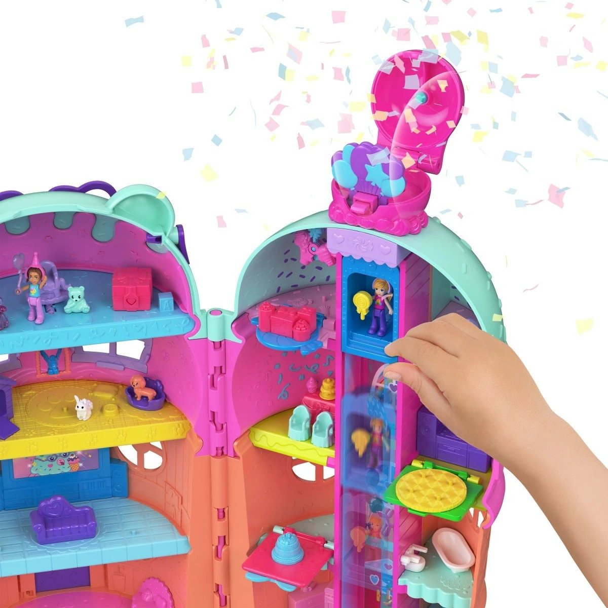 Set lodrash Polly Pocket Ice Cream House, Mattel JFT91, me 2 kukulla dhe 25 aksesorë, shumëngjyrësh