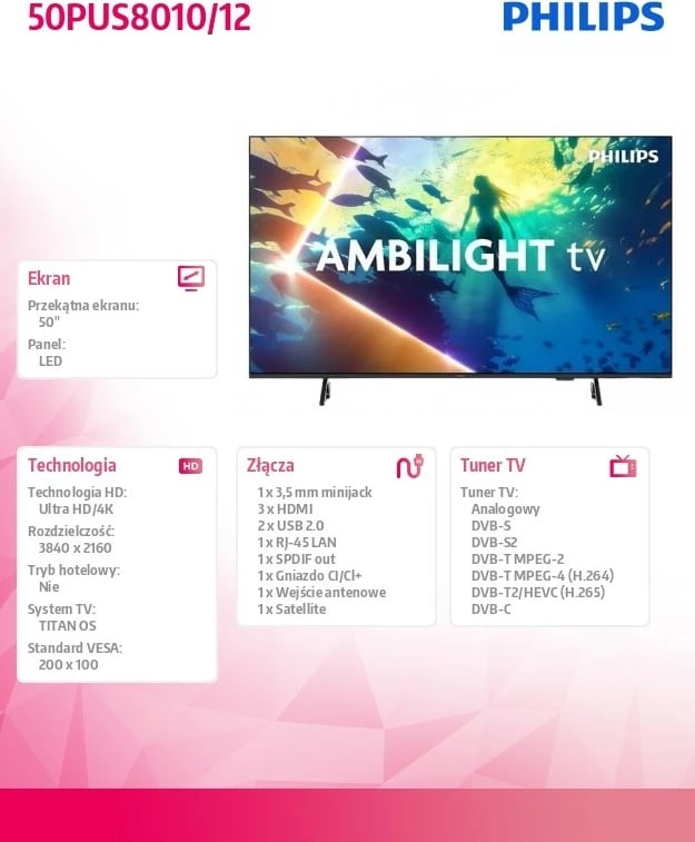 Televizor LED Philips 50PUS8010/12, 50 inç, Ultra HD 4K, Ambilight, Smart TV, i zi