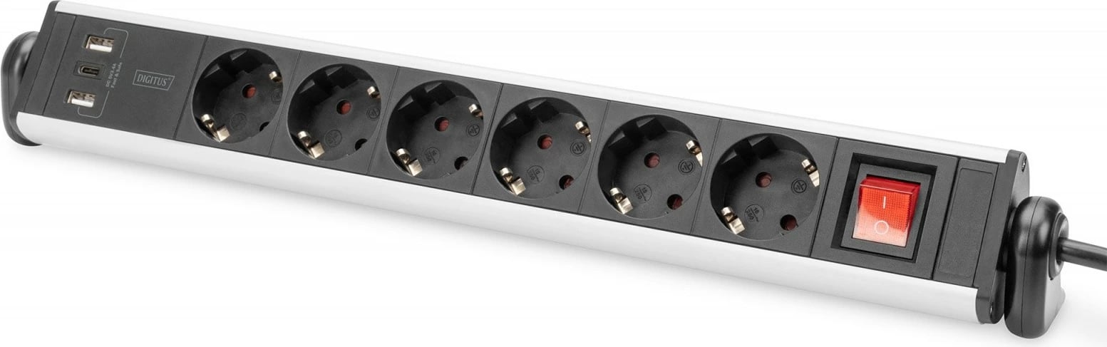 Prizë shumëfishe Digitus DA-70624 me 6 dalje, 2xUSB-A, 1xUSB-C, alumini, montim me kapëse, e zezë/argjendtë