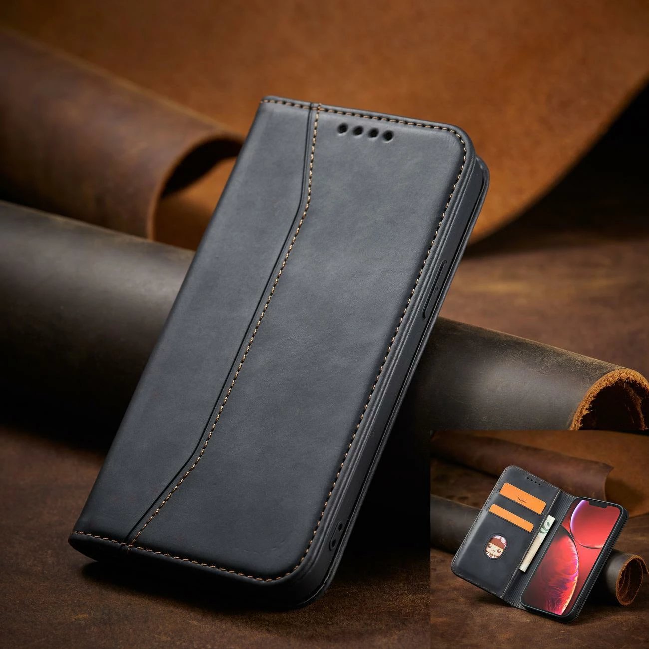 Mbështjellës Hurtel Magnet Fancy Case për iPhone 14 Pro, me kapak, xhepa për kartela dhe qëndrim, e zezë