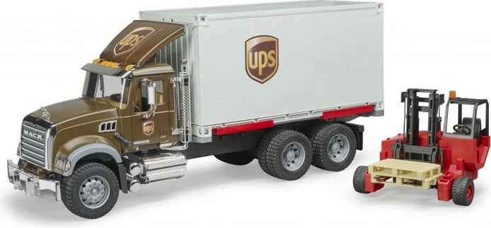 Kamion lodër BRUDER Mack Granite UPS me kontejner dhe forklift, 1:16, Kafe/Bardhë