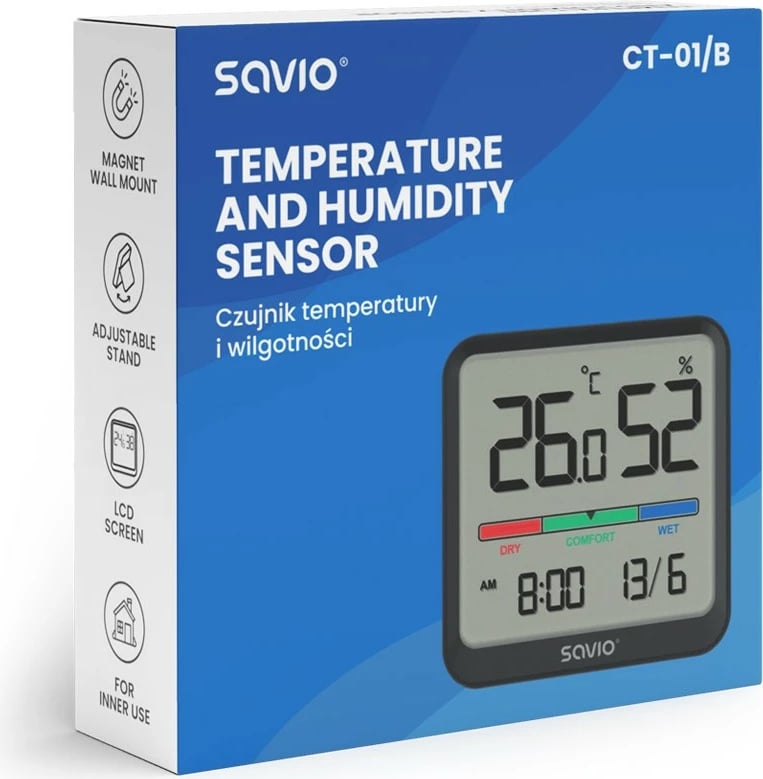 Sensor temperature dhe lagështie Savio CT-01/B, me ekran LCD, orë, datë, magnet, i zi