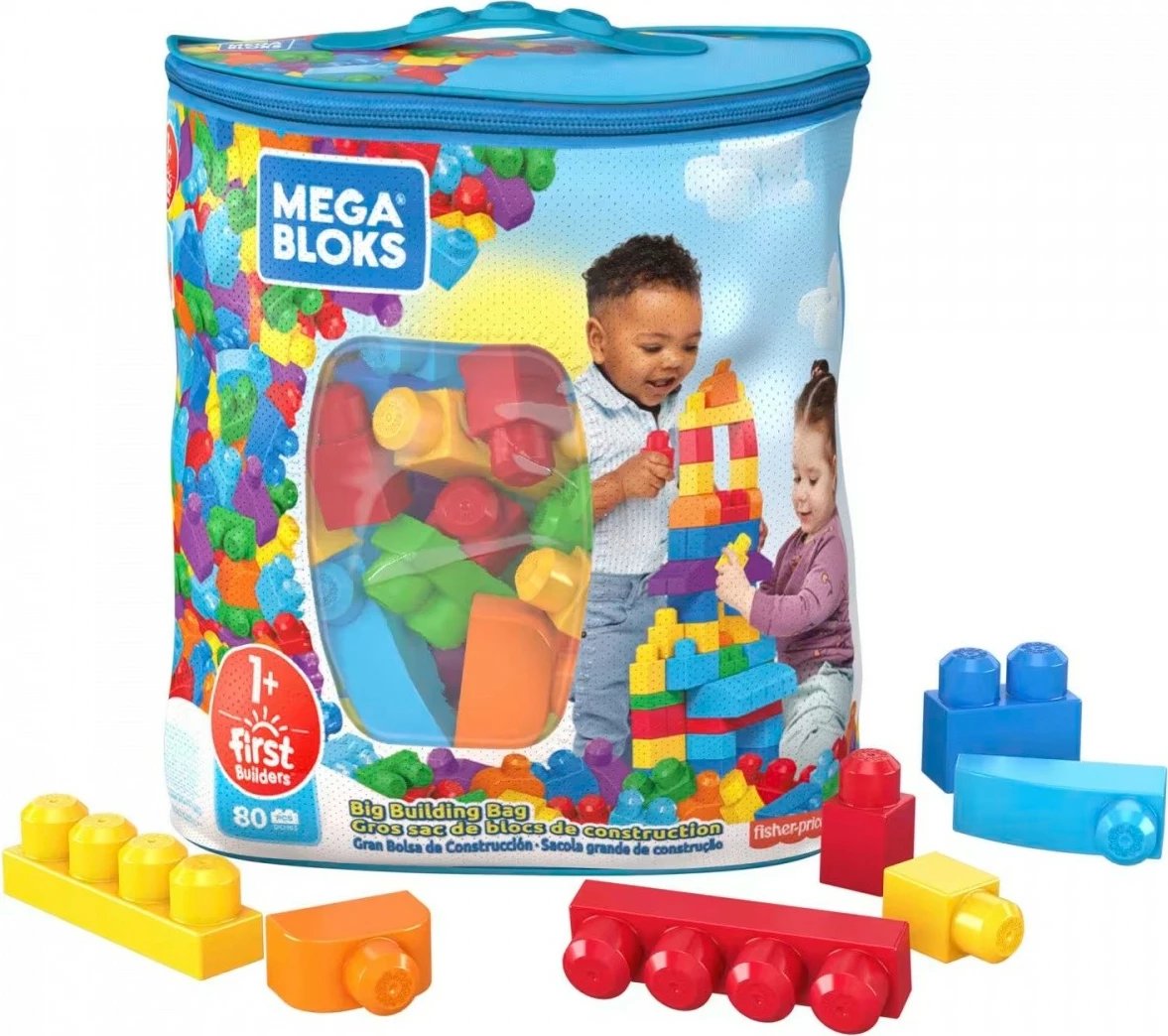 Set blloqesh ndërtimi Mega Bloks First Builders, 80 copë, me qese ruajtëse, shumëngjyrëshe