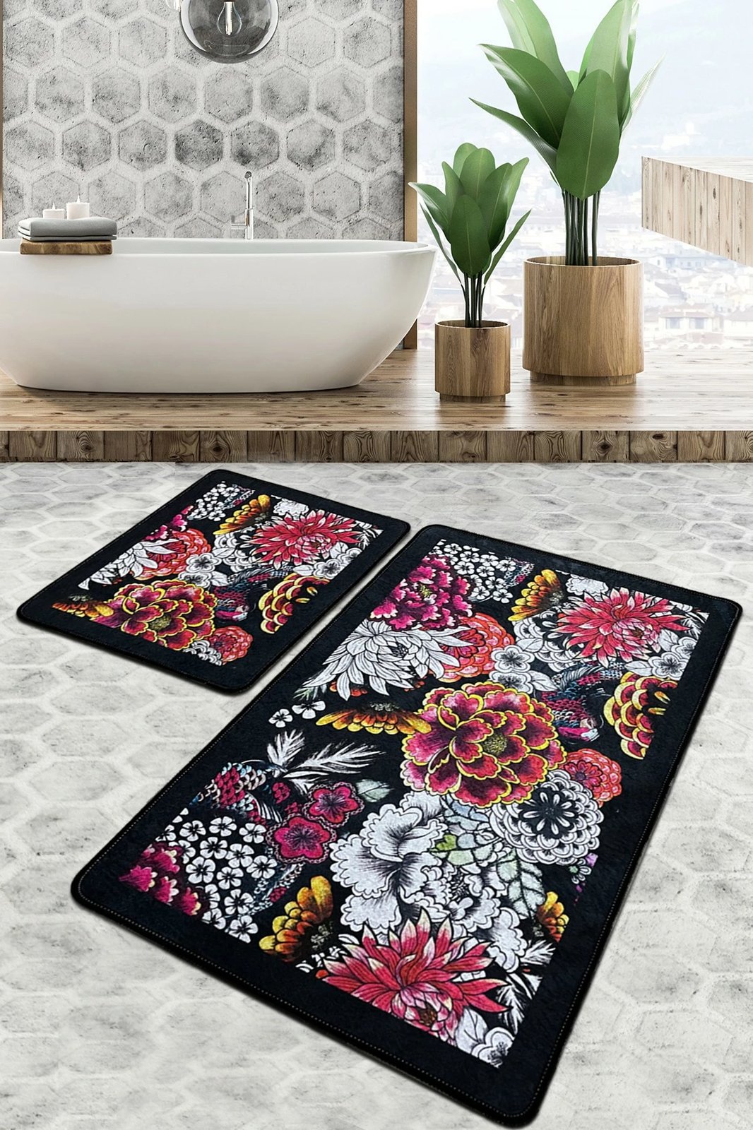 Set tapetash për banjo (2 copë), Mijölnir, dizajn me lule, shumëngjyrëshe