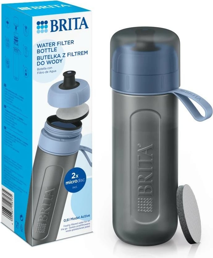 Shishe filtruese uji Brita Active me 2 MicroDisc, 0.6L, Blu e çelët