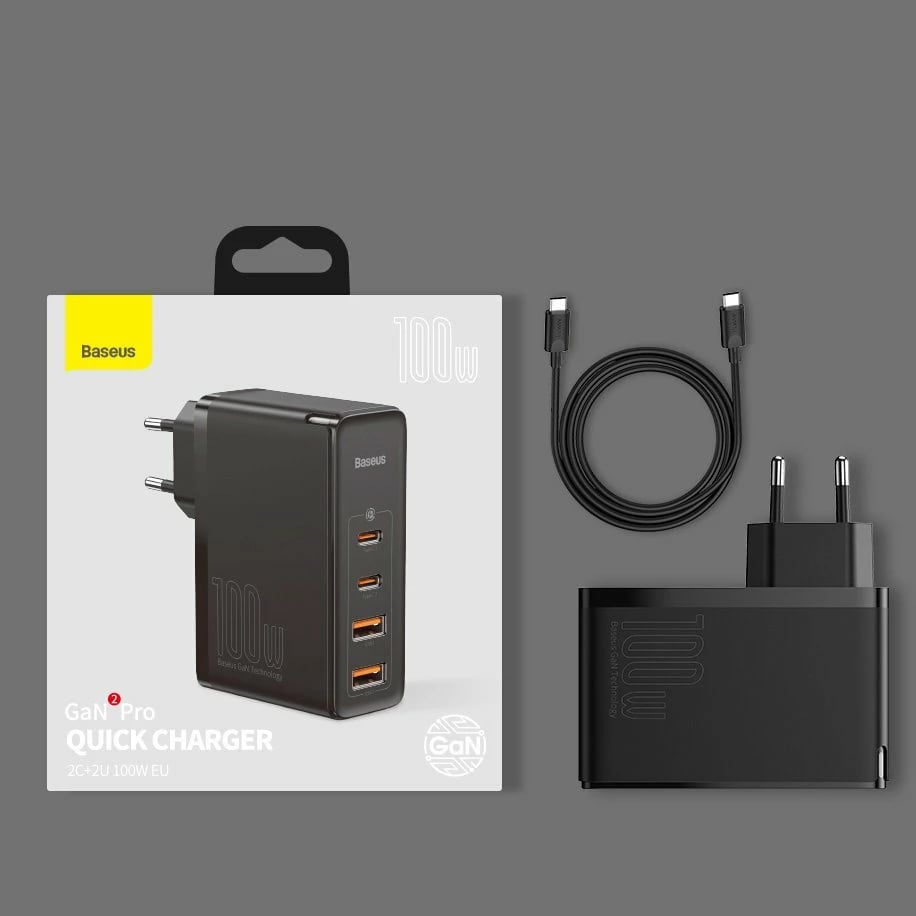 Karikues i shpejtë Baseus GaN2 Pro, 100W, 2x USB-C, 2x USB-A, i zi