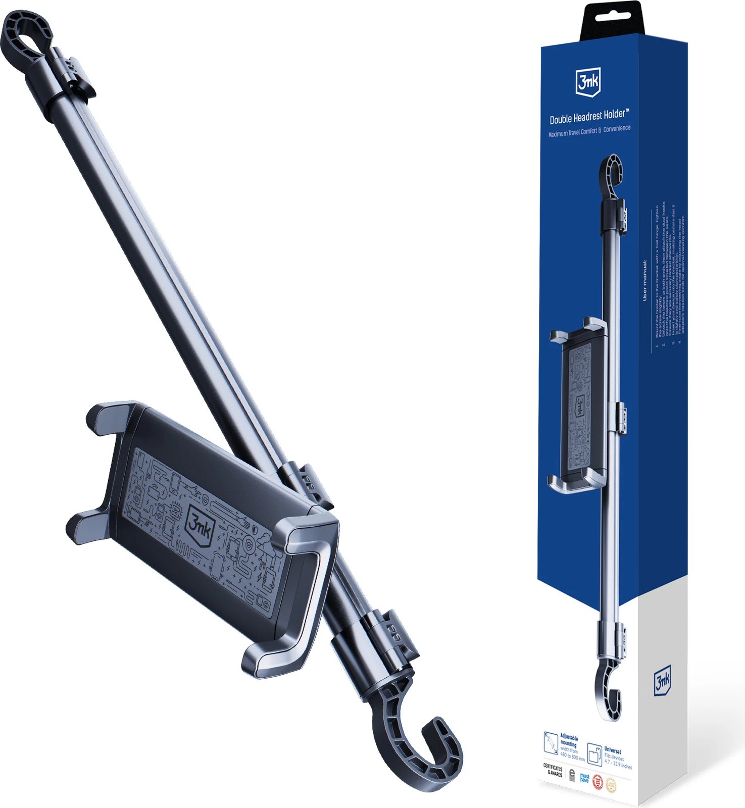 Mbajtës për mbështetëse koke për makinë 3mk Double Headrest Holder, për tablet ose celular, i zi