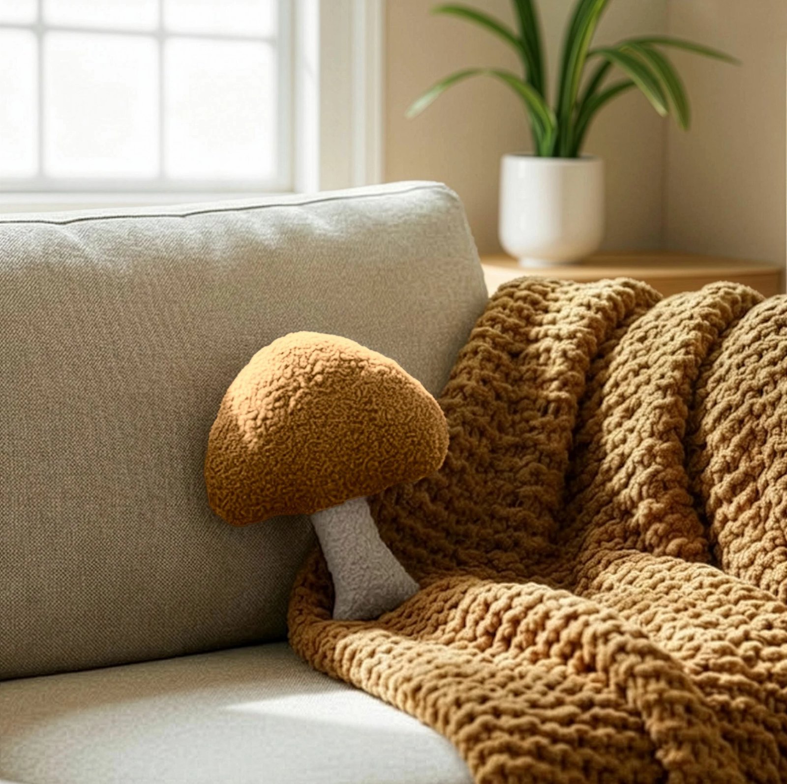 Jastëk dekorativ kërpudhë i vogël, ngjyrë kafe dhe e bardhë, Evila Originals