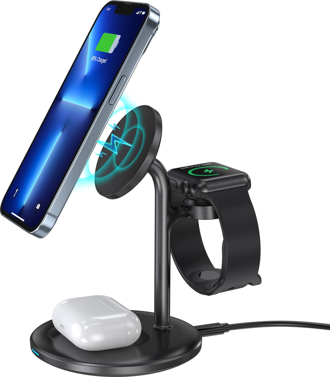Stacion karikimi wireless 3-në-1 Choetech T585-F për iPhone 12/13/14, AirPods Pro dhe Apple Watch, USB-C, 15W, Zi
