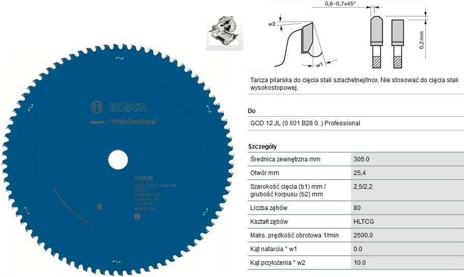 Disk rrethor prerës BOSCH 1680149 për çelik inox, 305x25.4x80, blu
