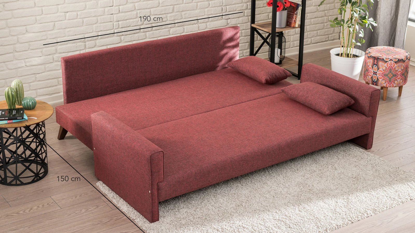 Divan-krevat treshe, ngjyrë e kuqe Claret, Bella Sofa Bed