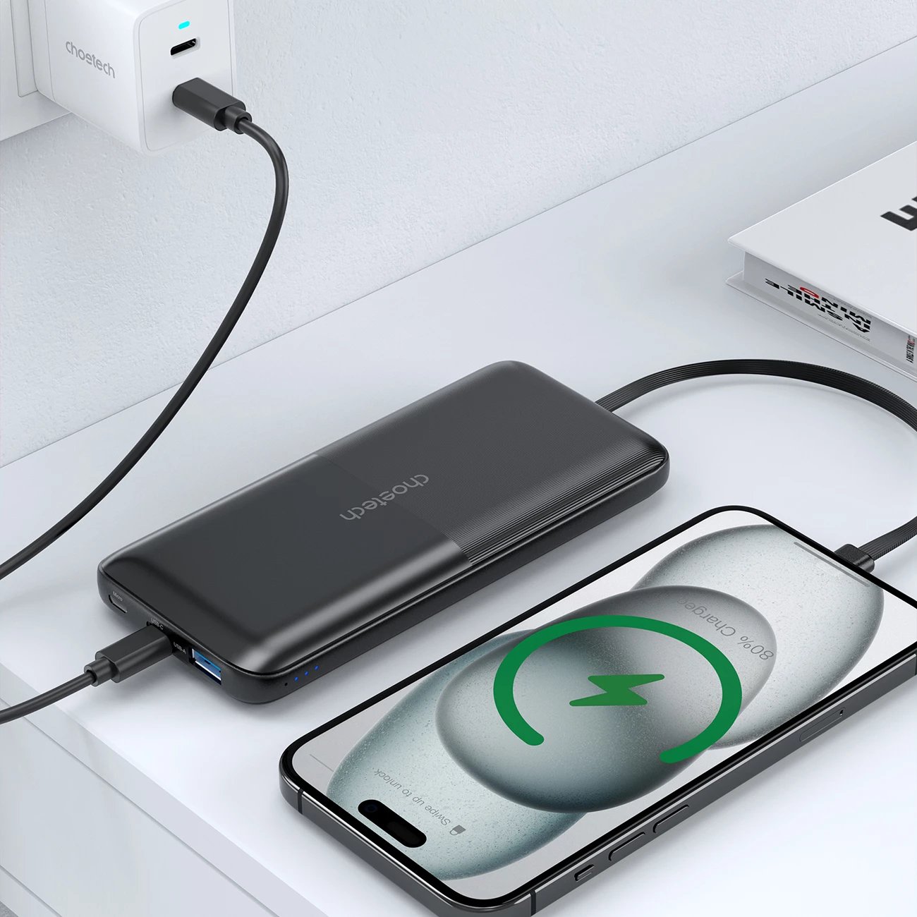 Powerbank Choetech B654, 10000mAh, 22.5W, USB-A/USB-C/micro USB, kabllo të integruara USB-C/Lightning, e zezë