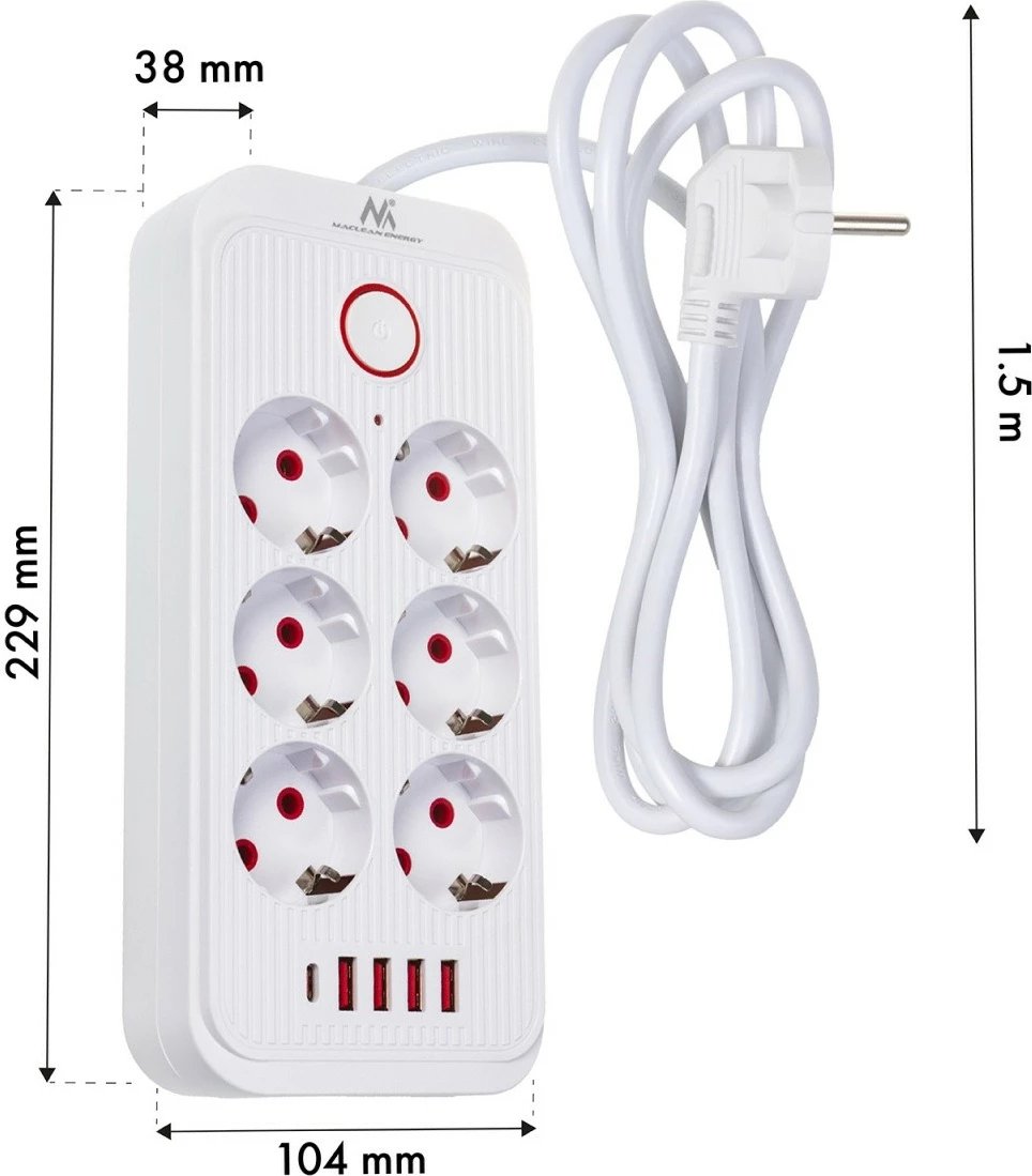 Zgjatues rryme Maclean MCE389 W 6x Schuko, 4x USB-A + 1x USB-C, 1.5 m, 2500W, me çelës, i bardhë