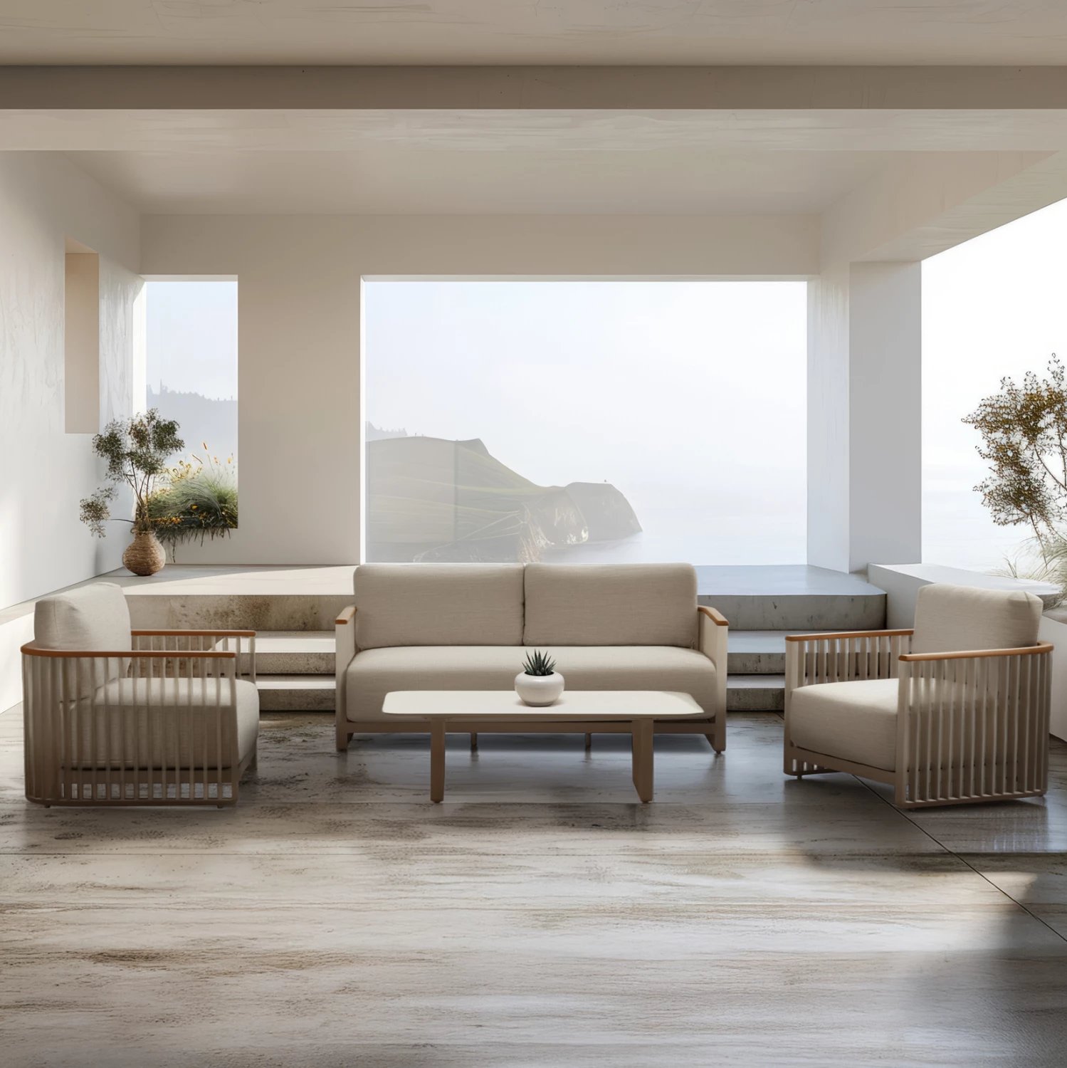 Set salloni për jashtë, 4 pjesë, kornizë alumini, ngjyrë krem, jastëkë bezhë, mbështetëse teak, tavolinë me sipërfaqe guri të sinterizuar, Candeo ETERNITY