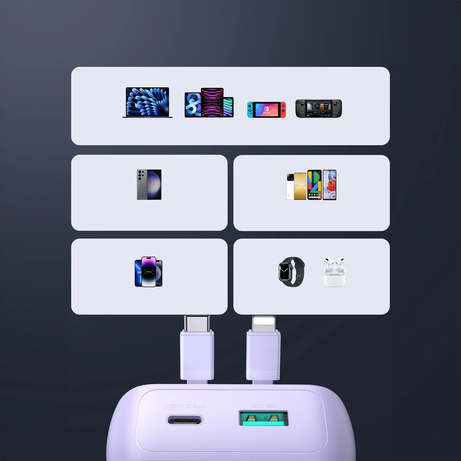 Powerbank Joyroom JR-PBC06, 10000mAh, 30W, me kabllo USB-C/Lightning të integruara, vjollcë