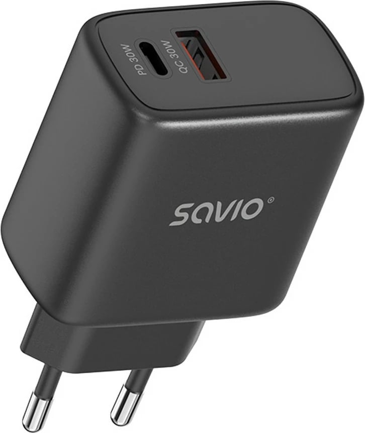 Karikues rrjeti Savio LA-06/B, 30W, Quick Charge 3.0, Power Delivery 3.0, 2 porta, i zi