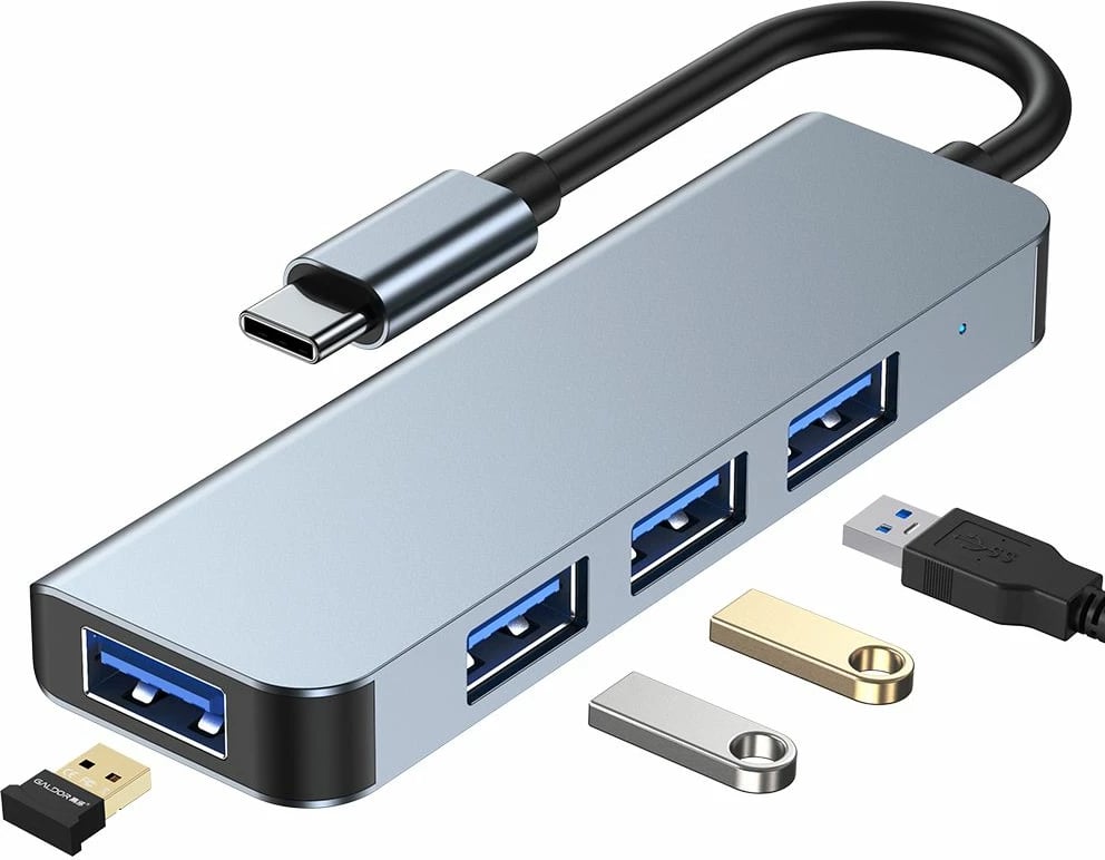 HUB Tech-Protect V1 4in1, USB-C në 3x USB-A 2.0 / USB-A 3.0, Gri