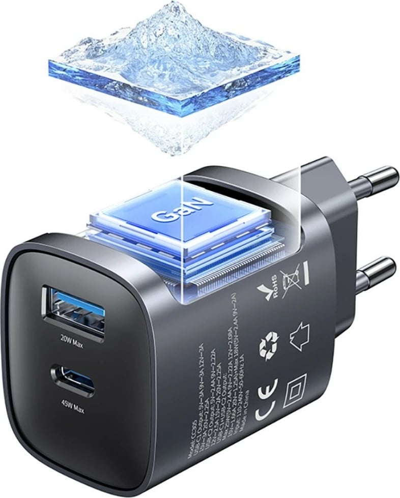 Karikues murale GaN, USAMS CC290 T66 (USA001665), 45W, USB-C + USB-A, PD/QC, bardhë