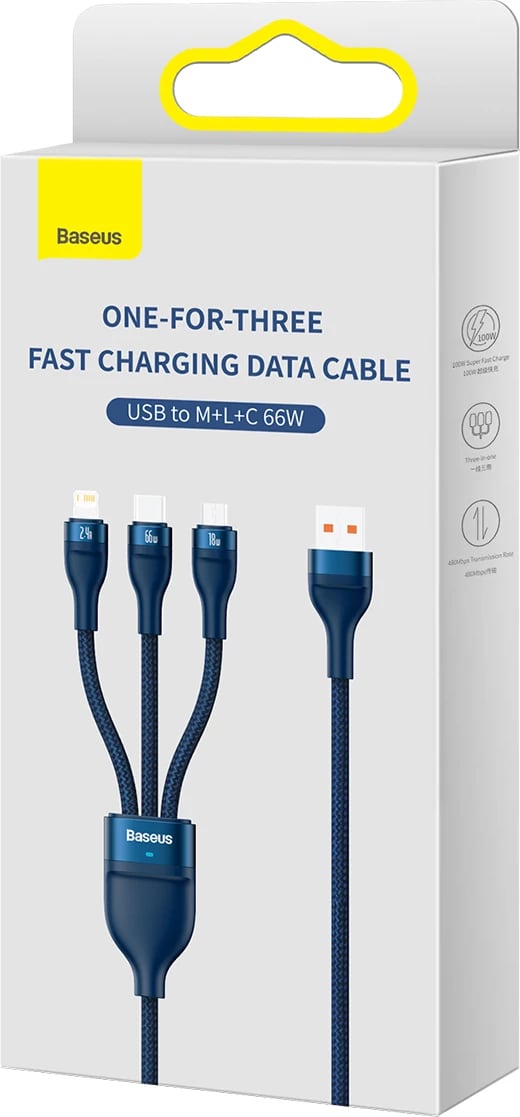 Kabllo karikimi 3-në-1 Baseus Flash Series II, USB-A në USB-C/Micro-USB/Lightning, 1.2m, 66W, Kaltër