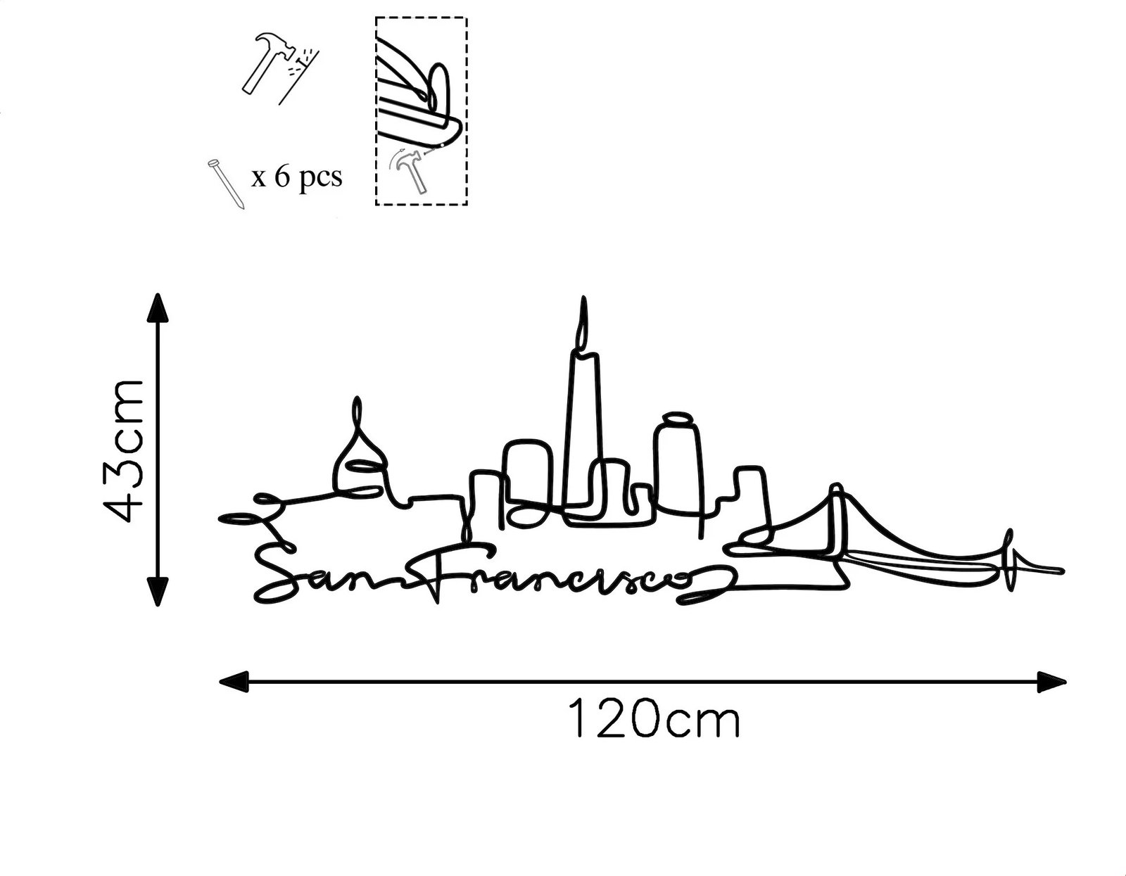 Aksesor dekorativ metalik për mur, skyline San Francisco, ngjyrë e zezë
