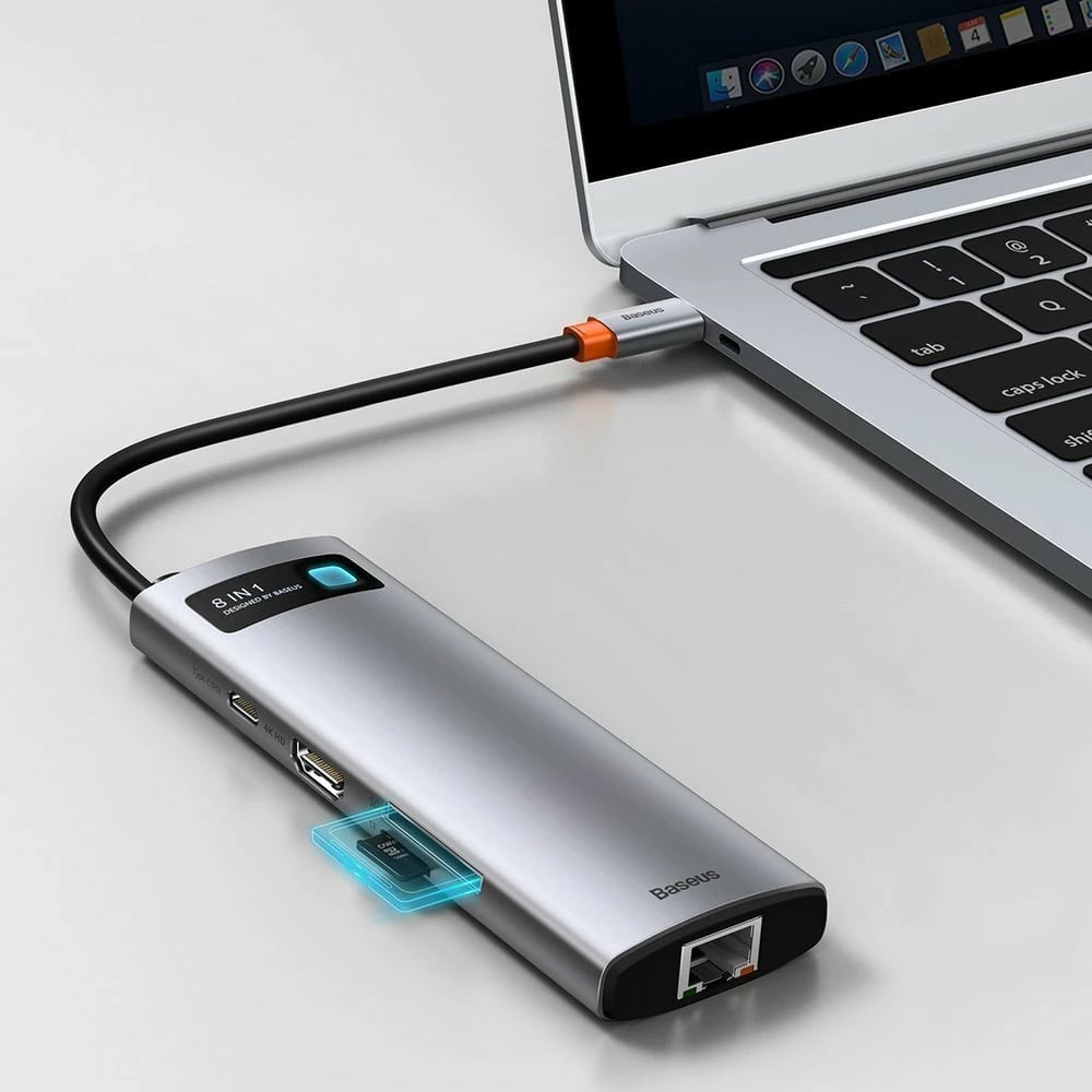 HUB Baseus Metal Gleam 8in1, USB-C, HDMI 4K, RJ45, 100W PD, Gri