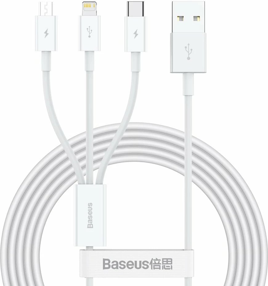 Kabllo 3n1 Baseus Superior CAMLTYS-02, 1.5m, Lightning/USB-C/Micro USB, Bardhë