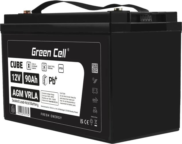 Bateri AGM VRLA, Green Cell, AGM12V90AH-J, 12V 90Ah, IP54, e zezë