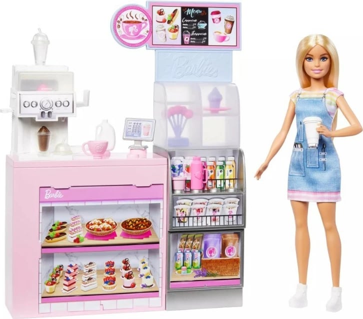 Set lodër Barbie Barista me kukull dhe kafene, Mattel HXN94, 12+ aksesorë, rozë