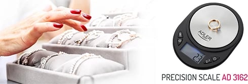 Peshore precize, Adler AD 3162, saktësi 0.1 g, kapacitet 750 g, ekran LCD me ndriçim blu, e zezë/argjendtë