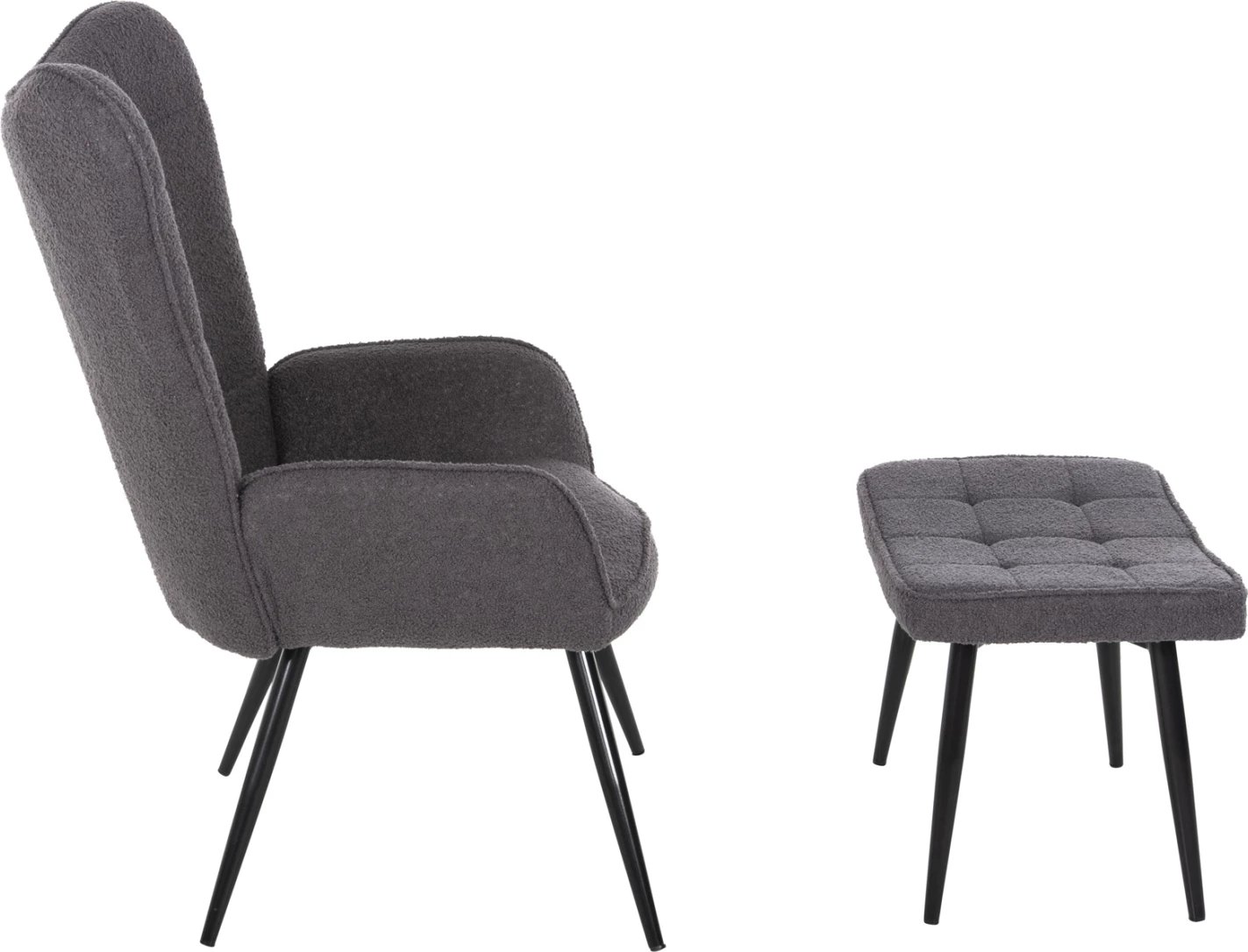 Fotelje CRAWLEY me tabure FH8918.21, pëlhurë boucle gri, këmbë metali të zeza, 70x74x105Hcm