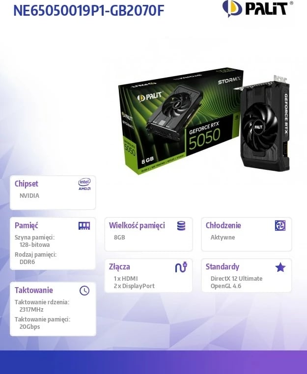 Kartelë grafike Palit GeForce RTX 5050 StormX, 8GB GDDR6, PCI-E 5.0, e zezë