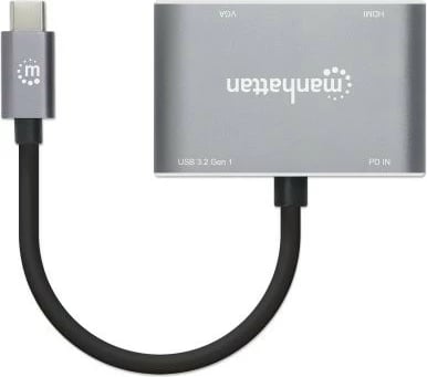 Adapter MANHATTAN USB-C në HDMI & VGA 4in1, Power Delivery, gri
