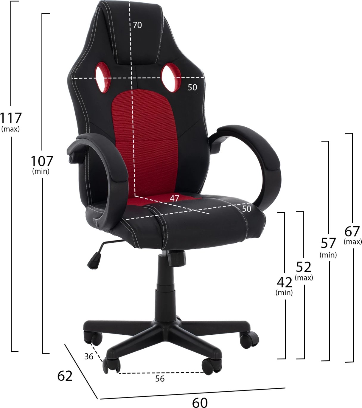 Karrige për zyre gaming bucket FH1041.01, e zezë me rrjetë të kuqe, 60x68x117