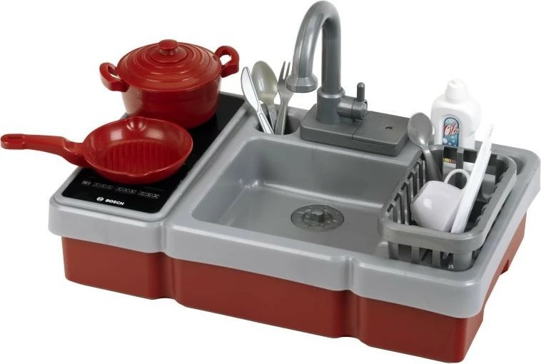 Lavaman kuzhine lodër, Klein 7110, pompë uji dhe drita/tinguj, set aksesorësh, e kuqe/argjendtë/zezë