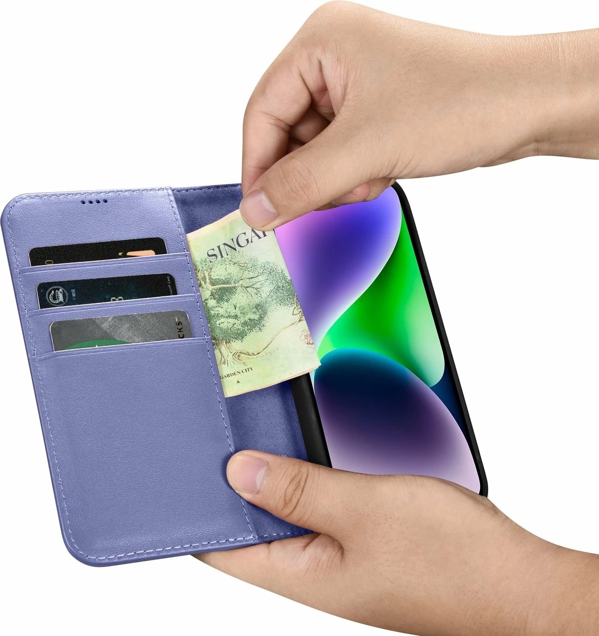 Mbështjellës iCarer Wallet Case 2in1 për iPhone 14, lëkurë natyrale, Anti-RFID, Vjollcë e çelët