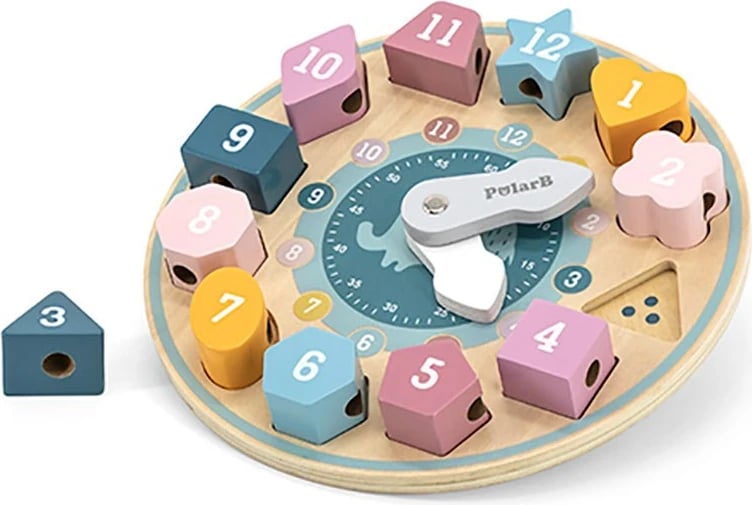 lojë puzzle orë druri, Viga PolarB, 12 blloqe gjeometrike, akrepa lëvizës, me spango, shumëngjyrëshe