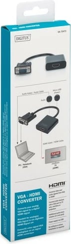 Konvertues VGA në HDMI Digitus DA-70473 me audio 3.5mm, i zi