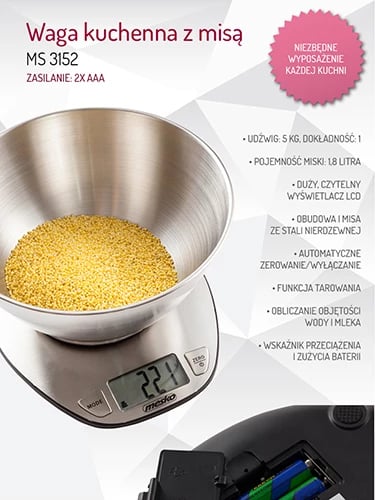 Peshore kuzhine Adler MS 3152, kapacitet 5kg, saktësi 1g, tas 2L, çelik inox, INOX