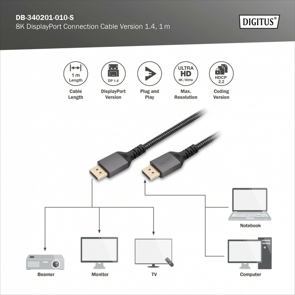 Kabllo DisplayPort Digitus DB-340201-010-S, 1m, 8K/60Hz, E zezë