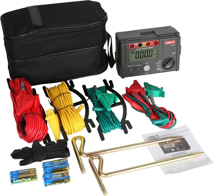 Testues tokëzimi, UNI-T UT521, matje 2/3 tela, gamë 0–4000 Ω, matje tensioni toke AC 0–400 V, memorie 20 sete, ekran me ndriçim, e kuqe/gri