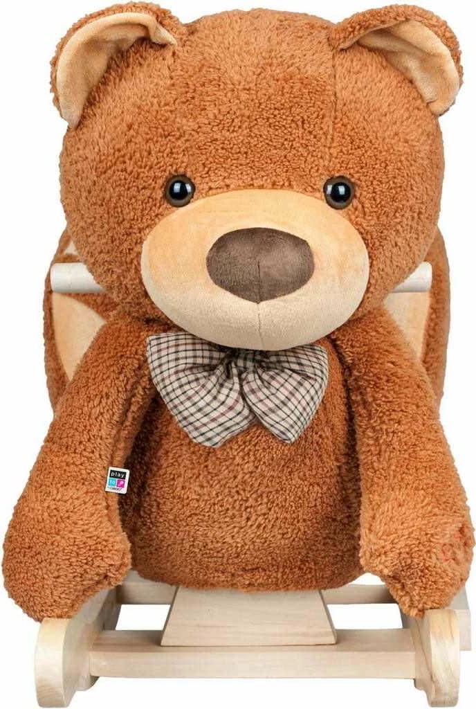 Lodër lëkundëse arush me tinguj, PLAYTO, sedilje me doreza druri, 18m+, kafe