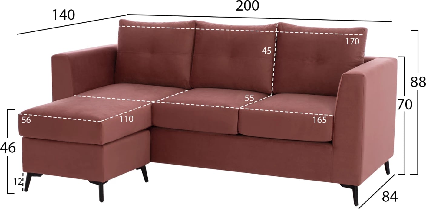 Divan qoshe PONZA, rozë e zbehtë, këmbë të larta, 2 copë, pëlhurë rezistente ndaj njollave dhe ujit