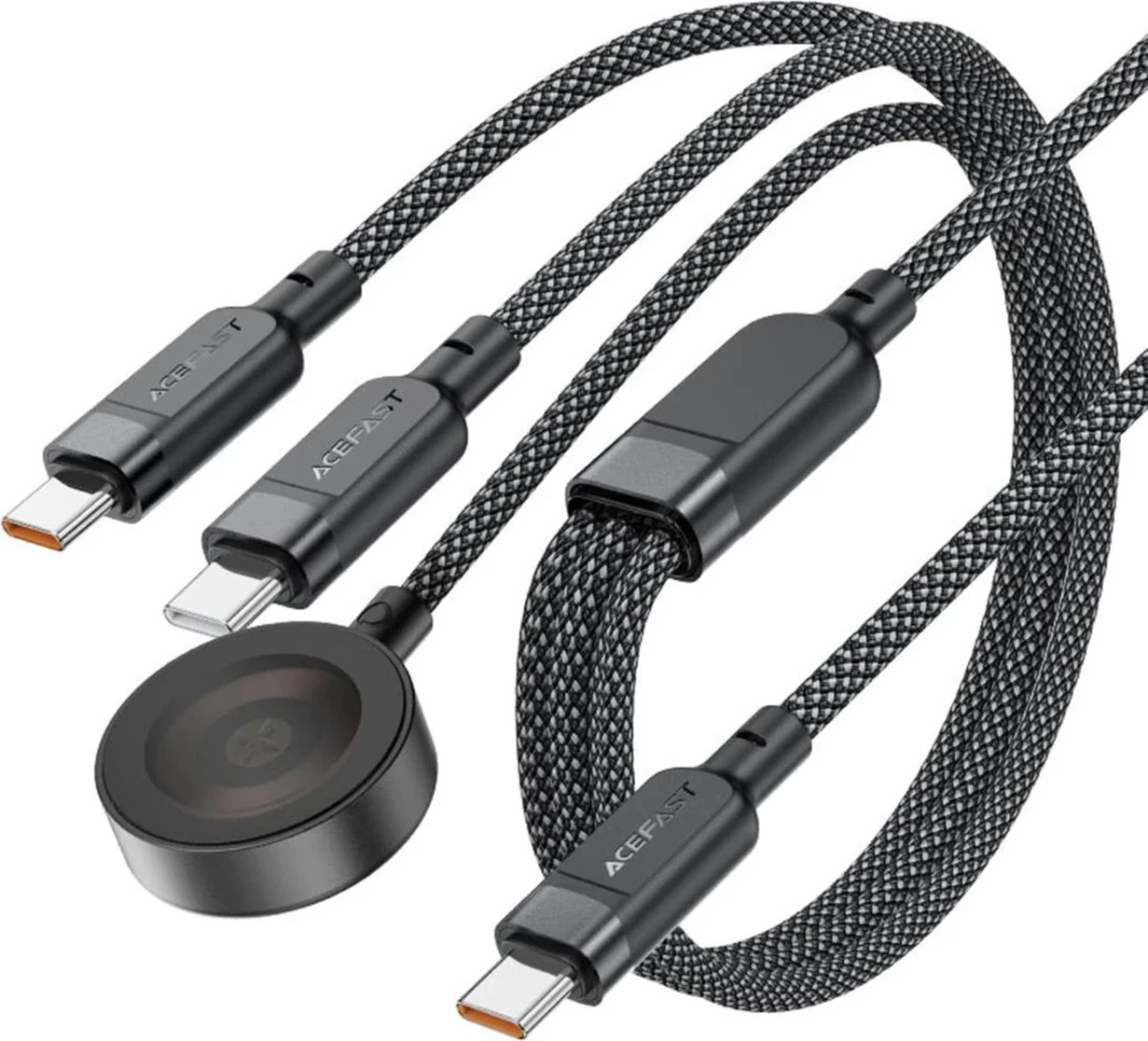 Kabllo 3n1 Acefast C6-11, 2x USB-C / Qi, 1.2m, 100W, e zezë