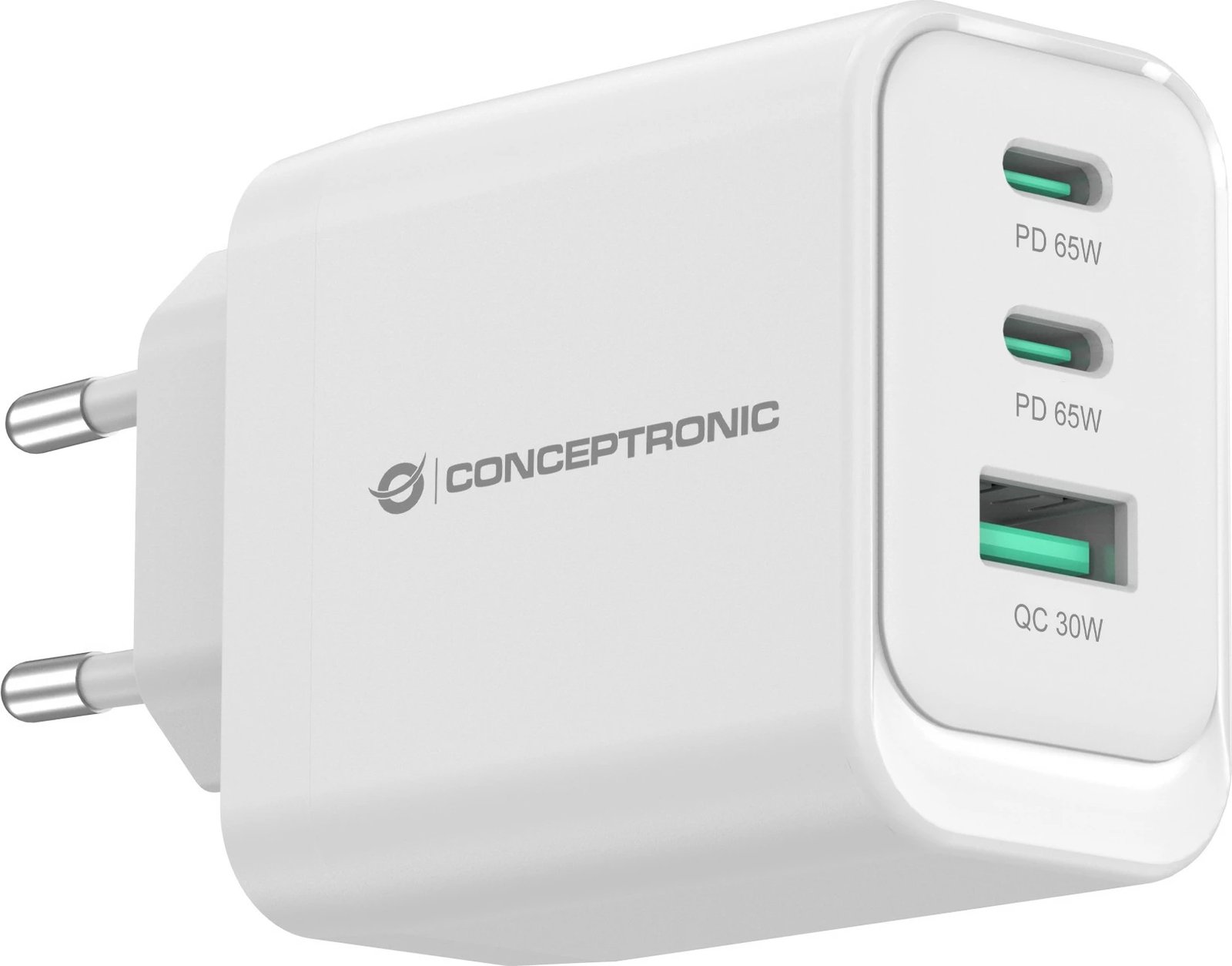 Karikues Conceptronic 3Port GaN, 2xUSB-C/1xA, 65W, i bardhë