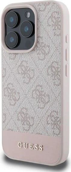 Mbështjellës Guess 4G Bottom Stripe për iPhone 16 Pro 6.3", hardcase TPU/PC me eko-lëkurë, rozë