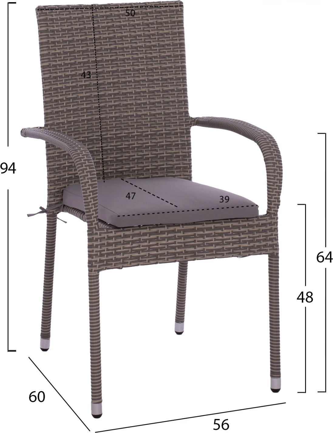 Set tavoline ngrënieje 5 pjesë, tavolinë 150x90 dhe karrige Wicker Rattan gri FH11713.01