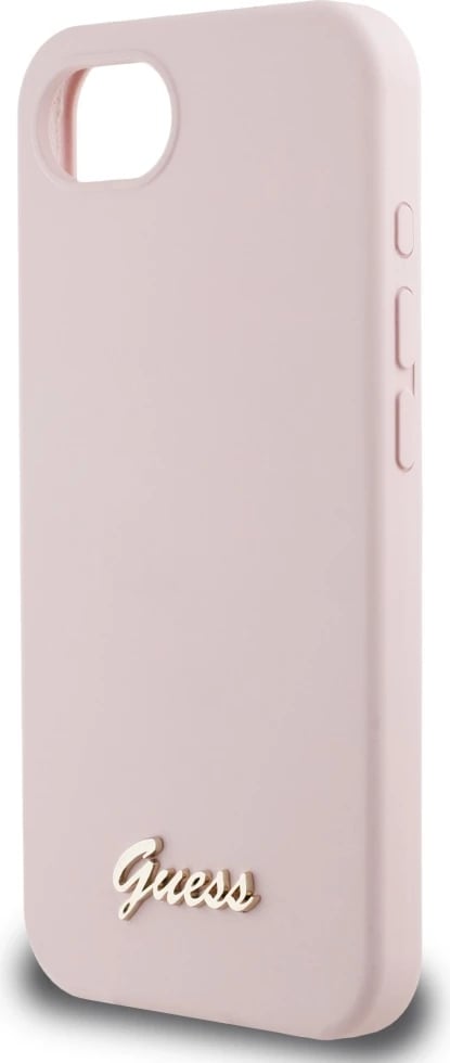 Mbështjellës Guess Silicone Script Metal Logo MagSafe për iPhone 16e, Rozë