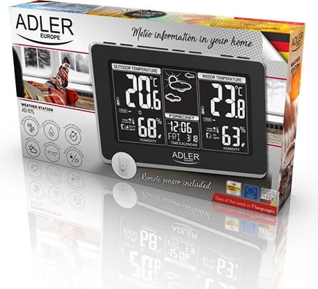 Stacion moti, Adler, AD 1175, ekran LCD i bardhë, matje temperaturë/lagështi brenda & jashtë, parashikim moti, alarme x2, sinjalizim temperature x2, sondë e jashtme 433.99 MHz, zi/argjendtë